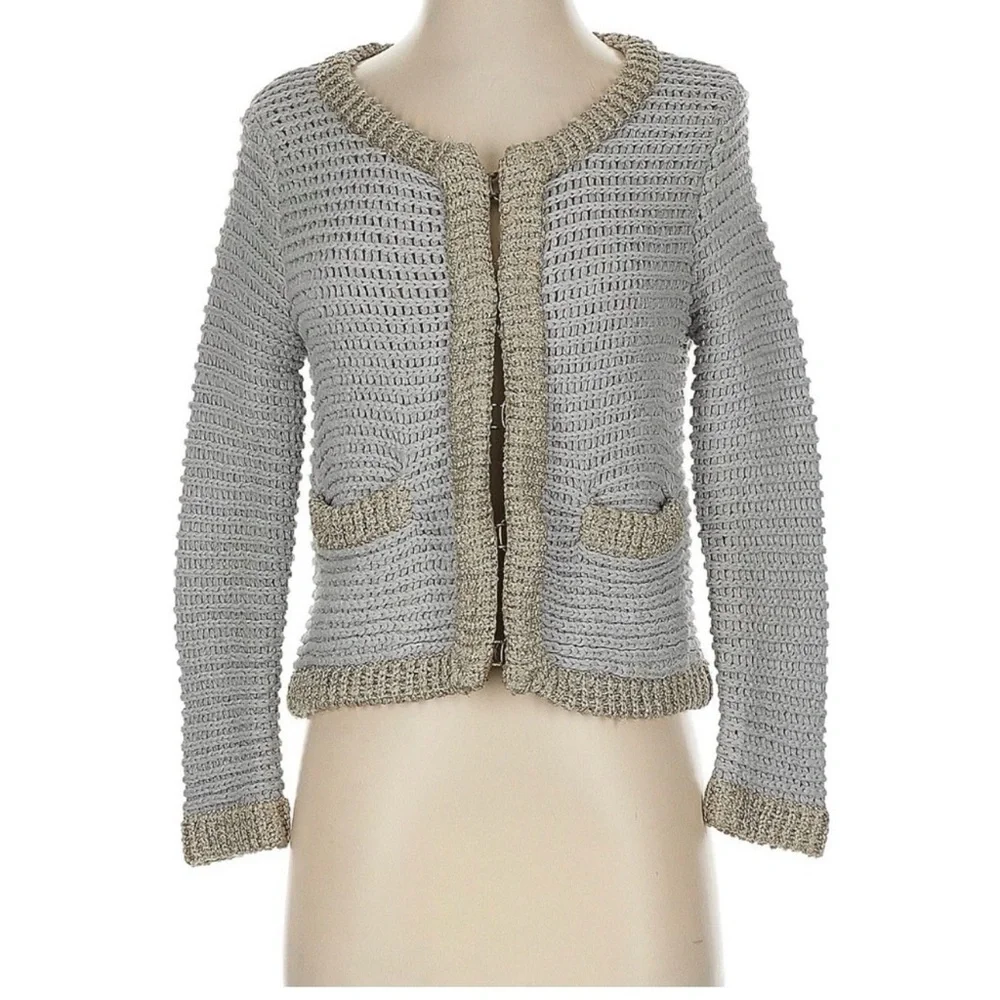 3.1 Phillip Lim metallic Trim Knit Jacket Gray Cropped Cardigan Chic Designer